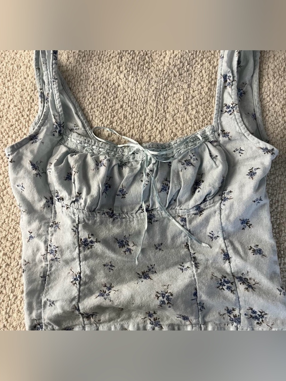 Light Blue Floral Tie-Front Linen Sundress Top